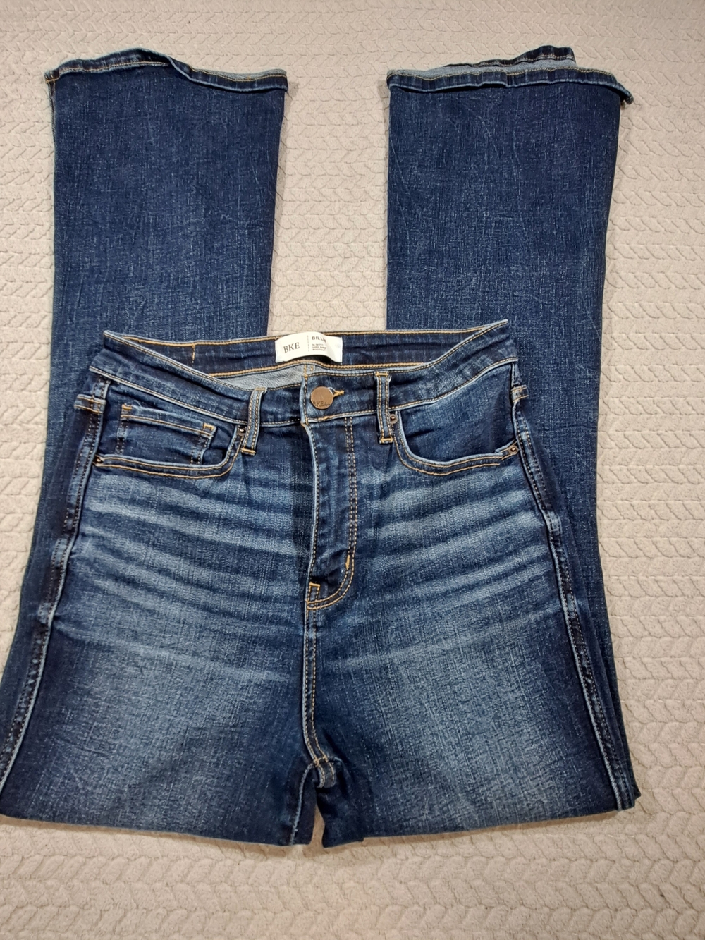 BKE Women's Dark Blue Flare Jeans - Faded Whisker Detail